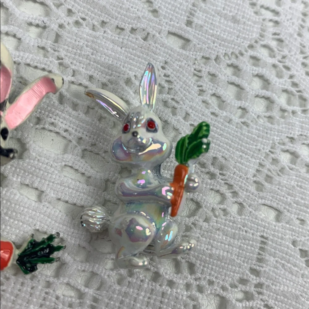 Vintage Bunny Rabbit brooches Pins Set Pink and iridescent Set of 2